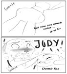 2018 absurd_res anthro aralyre blush bodily_fluids canid canine comic dialogue disney duo english_text eyes_closed fox fur hard_translated hi_res judy_hopps lagomorph leporid mammal monochrome nick_wilde open_mouth rabbit red_fox sweat sweatdrop text third-party_edit translated true_fox zootopia