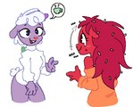 anthro blush blush_lines bodily_fluids bottomless clothed clothing crying duo eyelashes featureless_crotch female hair long_hair nodding open_mouth simple_background smile speech_bubble sweat sweatdrop sweater tears teeth text topwear myrant happy_tree_friends flaky_(htf) lammy_(htf) mr._pickels_(htf) bovid caprine mammal porcupine rodent sheep 2023 english_text