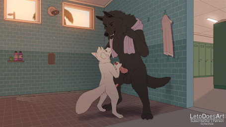 3_toes 4_fingers anatomically_correct anatomically_correct_genitalia anatomically_correct_penis animal_genitalia animal_penis anthro anthro_on_anthro balls biped bodily_fluids butt canine_genitalia canine_penis claws communal_shower detailed_background digitigrade duo erection eye_contact fangs feet finger_claws fingers fur genital_fluids genitals grin handjob hindpaw inside knot knotted_penis larger_male locker locker_room looking_at_another male male/male male_anthro paws penile penis penis_size_difference precum sex sheath size_difference smaller_male smile standing tail teeth toe_claws toes letodoesart leto_(letodoesart) canid canine canis fox mammal wolf 16:9 2026 digital_drawing_(artwork) digital_media_(artwork) hi_res widescreen