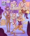 anthro big_breasts breasts bunny_costume cleavage clothed clothing costume dialogue fake_ears fake_rabbit_ears female group hair horn markings nervous pink_hair speech_bubble spots spotted_body tail trio bbravaa kimmy_(bbravaa) phoebe_(bbravaa) polly_(bbravaa) deer felid feline mammal colored comic hi_res