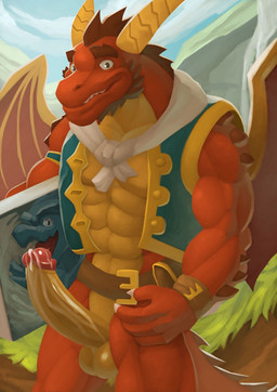 2_horns abs anthro arm_spikes balls barazoku beard belt bodily_fluids bottomless brown_hair canvas clothed clothing cum erection eyebrows facial_hair genital_fluids genitals glans hair holding_object holding_painting horn humanoid_genitalia humanoid_penis long_horn looking_at_viewer male membrane_(anatomy) membranous_wings muscular muscular_anthro muscular_arms muscular_male penis red_body scarf shoulder_spikes smile smiling_at_viewer solo spikes spikes_(anatomy) spiky_hair thick_eyebrows topwear vest wings wristband yellow_body yellow_horn kittikary activision mythology spyro_reignited_trilogy spyro_the_dragon delbin_(spyro) rescued_dragons_(spyro) dragon mythological_creature mythological_scalie scalie 2018 digital_media_(artwork) hi_res portrait three-quarter_portrait