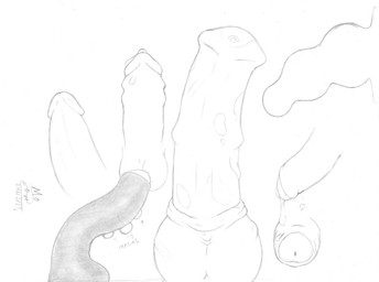 animal_genitalia animal_penis balls bodily_fluids dildo disembodied_penis dripping equine_genitalia equine_penis erection genital_fluids genitals group heart_symbol male penis penis_everywhere precum sex_toy renabu 2013 dated graphite_(artwork) greyscale monochrome signature traditional_media_(artwork)