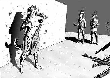 anthro cloak cloak_only clothed clothed_male clothing execution female firing_squad gun imminent_death male military military_uniform mostly_nude mostly_nude_female ranged_weapon undressing uniform weapon karno deer felid jaguar mammal pantherine monochrome