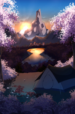 background_shot blue_sky branch city cloud dirt distant_city forest forest_background glistening grass high-angle_view lake lamp light light_beam morning_after mountain_background mountain_range nature nature_background not_furry pink_leaves plant reflection rock shadow sky snow_cap sunbeam sunlight sunrise tarp tent trail tree water water_droplets water_reflection zero_pictured cuchuflin absurd_res comic hi_res