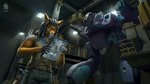 anthro blue_bottomwear blue_clothing blue_pants bottomwear clothed clothing dreadlocks fur green_clothing green_topwear grey_body grey_fur grey_hair gun hair inside logo machine male mecha orange_body orange_fur pants ranged_weapon red_eyes red_nose solo standing text topwear weapon cereus93 canid canine mammal artist_logo artist_name hi_res