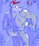 anthro backsack balls brush bubble butt canid canine canis clothing embarrassed genitals hat headgear headwear low_res male mammal muscular muscular_anthro muscular_male nervous nude poop_(artist) shower shower_head soap solo water wolf