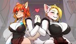 2022 anthro big_breasts blonde_hair blue_eyes blush breast_size_difference breasts canid canine canis cleavage clothed clothing domestic_cat domestic_dog duo felid feline felis female fur green_eyes hair hand_holding heart_symbol hi_res kiko_kempt looking_aside maid_uniform mammal orange_hair peachygho pheo_(aubrie) smile tan_body tan_fur uniform white_body white_fur wide_hips