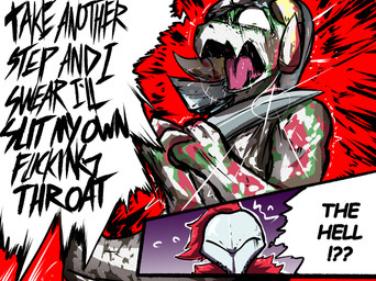 ambiguous_gender anthro bodily_fluids clothed clothing dialogue duo female horn knife knight open_mouth profanity simple_background speech_bubble tears text threatening tongue warrior brradett lernie_(brradett) humanoid mammal scalie absurd_res colored comic digital_media_(artwork) english_text hi_res