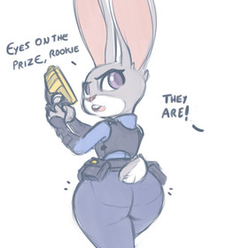 anthro big_butt buckteeth butt clothed clothing dialogue female fully_clothed fur grey_body grey_fur holding_object holding_weapon looking_back offscreen_character open_mouth purple_eyes scut_tail short_tail simple_background solo tail teeth text thick_thighs weapon white_background wide_hips brachyzoid disney zootopia judy_hopps lagomorph leporid mammal rabbit 2018 digital_media_(artwork) english_text