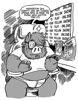 anthro beard beverage briefs clothed clothing dialogue energy_drink eyewear facial_hair gaming_chair glasses hooves junk_food male overweight overweight_male pantsless pantsless_anthro solo text underwear y-fronts billy_fore spire_(malyrn) mammal suid suine sus_(pig) black_and_white comic english_text hi_res monochrome