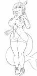 anthro big_breasts breasts clothed clothing female genitals looking_at_viewer nipple_outline non-mammal_breasts pussy skimpy smile solo standing wide_hips neltharion290 azalia fish marine shark absurd_res greyscale hi_res monochrome