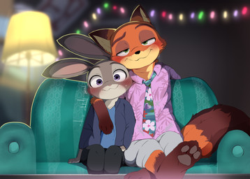 anthro biped black_nose clothed clothing detailed_background duo eyebrows female fingers fur furniture green_eyes male mouth_closed on_sofa orange_body orange_fur pupils purple_eyes sitting smile sofa tail dagasi disney zootopia judy_hopps nick_wilde canid canine fox mammal 2025 hi_res