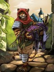 anthro armor beak carrying_another clothed clothing detailed_background duo feet gloves grimace handwear hedge hood lyre male musical_instrument open_mouth outside plant plucked_string_instrument purple_body shoulder_guards shrub sky string_instrument tail talons toes unconscious wounded teastuff foretales leo_(foretales) volepain_(foretales) avian bird felid mammal pantherine pelecaniform shoebill tiger absurd_res digital_media_(artwork) hi_res huge_filesize