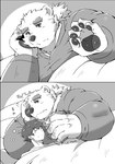 anthro clothing duo male male/male muscular muscular_anthro muscular_male pajamas romantic size_difference sleeping sleeping_together text tight_clothing suzuapi2 lifewonders tokyo_afterschool_summoners leib_(tas) protagonist_(tas) twink_protagonist_(tas) bear human mammal ursine japanese_text monochrome