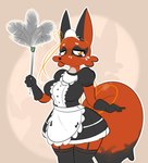 anthro anthrofied blush breasts cleaning_tool clothed clothing countershading feather_duster female fur legwear maid_uniform pokemorph simple_background solo uniform yellow_eyes elpatrixf nintendo pokemon canid generation_8_pokemon mammal nickit pokemon_(species) 2019