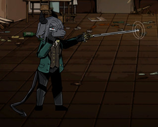 anthro clothing ear_piercing ear_ring eyewear female gloves handwear horn melee_weapon monocle piercing rapier ring_piercing solo suit sword weapon apollo_caelum_(artist) library_of_ruina limbus_company project_moon natasha_goety bovid caprine demon goat mammal digital_media_(artwork) hi_res