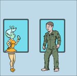 2019 alien antennae_(anatomy) anymouse1968 barefoot breasts clothing duo ear_piercing feet female hair holding_object human humanoid humanoid_pointy_ears male mammal military_uniform piercing short_hair side_view smile uniform white_hair