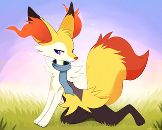 ambiguous_gender anthro biped feet fingers front_view fur kneeling looking_at_viewer outside purple_eyes smile solo tail toes yellow_body yellow_fur yellow_tail aseethe nintendo pokemon braixen generation_6_pokemon pokemon_(species) 2026 digital_drawing_(artwork) digital_media_(artwork)