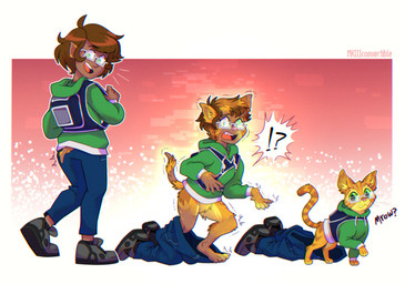 ambiguous_gender bottomwear brown_body brown_fur brown_hair clothing eyewear feral footwear fur glasses green_clothing green_eyes green_hoodie green_topwear growth hair hoodie human_to_feral interrobang pants shoes simple_background smile solo species_transformation surprised tail tail_growth topwear transformation whiskers mkiiiconvertible domestic_cat felid feline felis human mammal 2024 digital_media_(artwork) sequence