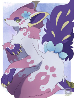 ambiguous_gender anthro blue_flower claws finger_claws flower fur kneeling logo pawpads plant simple_background solo tail text white_body white_fur yellow_claws yellow_eyes yellow_pawpads mochiri canid canine fox mammal 2025 absurd_res artist_logo artist_name cel_shading digital_drawing_(artwork) digital_media_(artwork) hi_res shaded