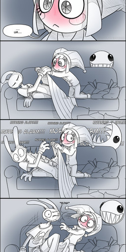 anthro bedding beverage blanket blush chess_piece clothing coffee dialogue drinking female food furniture group hand_holding male open_mouth pajamas pancake paper papercraft sitting sleeping smile sofa standing surprised text absolutedream glitch_productions the_amazing_digital_circus bubble_(tadc) jax_(tadc) kinger_(tadc) pomni_(tadc) ragatha_(tadc) human lagomorph leporid mammal rabbit absurd_res comic english_text hi_res long_image tall_image