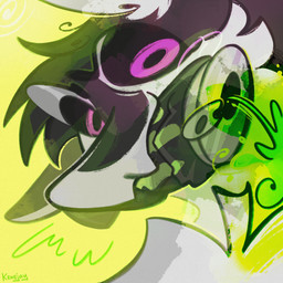 ambiguous_gender anthro beverage bite biting_object black_body black_feathers black_fur black_hair black_sclera chest_tuft countershading emanata feathers fur green_liquid hair looking_at_viewer low-angle_view nude purple_eyes simple_background smile solo text toxic tuft tufted_fur white_body white_feathers white_fur yellow_background keuejay monster_energy fyr_(fenrir784) avali avian bird 1:1 2025 artist_name colored digital_drawing_(artwork) digital_media_(artwork) english_text headshot_portrait hi_res portrait signature