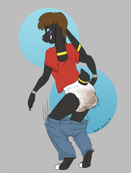 anthro biped bottomwear bottomwear_down clothed clothing diaper feces fur hair looking_back male pants pants_down partially_clothed pooping rear_view scatplay simple_background soiled_diaper soiling soiling_diaper solo standing unclean_diaper used_diaper using_diaper wearing_diaper smallcircles lagomorph leporid mammal rabbit character_request digital_media_(artwork) hi_res