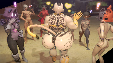 2_horns 5_fingers anthro arm_tattoo armor back_tattoo baseball_cap_only beanie beanie_only big_butt bikini black_beanie black_clothing black_hair black_hat black_headwear blue_baseball_cap blue_hair breasts brown_eyes butt butt_tattoo cheek_tuft clothing exclamation_point facial_tuft female fingers gauntlets genitals gloves group hair hair_over_eyes hand_on_hip handwear hat hat_only headgear headgear_only headwear headwear_only heart_symbol holding_cocktail horn leg_tattoo male mostly_nude muscular muscular_anthro muscular_male navel neck_tattoo nipples nude nude_anthro nude_female nude_human nude_humanoid open_mouth pink_nipples question_mark rear_view red_body red_eyes red_skin standing surprised swimwear tail tattoo tuft two-piece_swimsuit vulva waving_hand white_hair yellow_bikini yellow_clothing yellow_swimwear nicolaowo epic_games fortnite cate_meowdy desdemona_(fortnite) hush_(fortnite) meow_skulls meowdas raven_team_leader yuki_(fortnite) bear calico_cat demon demon_humanoid domestic_cat felid feline felis human humanoid mammal 16:9 2025 3d_(artwork) digital_media_(artwork) english_description hi_res widescreen