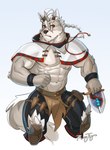 abs absurd_res anthro bandage big_pecs bottomwear braided_hair braided_ponytail canid canine canis clothed clothing coat cygames dagger fur fur_markings grey_body grey_fur hair hi_res klaus_(world_flipper) male mammal markings melee_weapon muscular muscular_anthro muscular_male navel nipple_slip nipples open_clothing open_coat open_topwear pants pecs ponytail raytig12 red_eyes solo topwear weapon white_body white_fur white_hair wolf world_flipper wristband