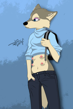 8_breasts 8_nipples abstract_background anthro backpack belly black_backpack blue_clothing blue_eyes blue_sweater blue_topwear bottomwear breasts casual_exposure cheek_tuft clothed clothing countershade_face countershade_torso countershading denim denim_bottomwear denim_clothing ear_piercing exposed_breasts facial_tuft female female_anthro fur hand_in_pocket jeans jewelry makeup midriff multi_breast multi_nipple multicolored_body multicolored_fur navel nipples pants partially_clothed partially_clothed_anthro partially_clothed_female piercing pink_nipples pockets raised_clothing raised_sweater raised_topwear skimpy slim slim_anthro slim_female small_breasts solo sweater teasing topwear tuft young teikowouf_(artist) canid canine canis domestic_dog husky mammal nordic_sled_dog spitz 2019 absurd_res hi_res signature