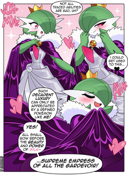 black_text clothed clothing crown dialogue dress fully_clothed green_arms green_fingers green_hair green_hands grey_clothing grey_dress hair hair_over_eye headgear heart_symbol purple_clothing smile solo speech_bubble text tongue yellow_crown nico_neko nintendo pokemon gardevoir generation_3_pokemon humanoid pokemon_(species) absurd_res hi_res