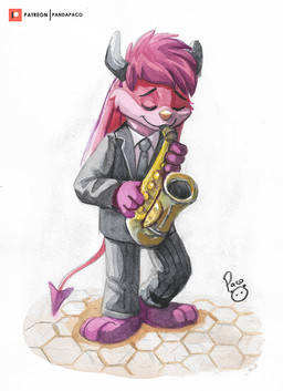 alto_saxophone anthro barefoot bottomwear clothing eyes_closed feet fur grey_bottomwear grey_clothing grey_pants grey_topwear hair holding_saxophone logo male musical_instrument pants pink_body pink_fur playing_saxophone purple_hair saxophone short_hair simple_background solo spade_tail standing tail topwear wind_instrument woodwind_instrument young young_anthro young_male pandapaco species_request artist_logo signature