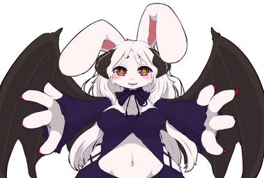 anthro breasts female fur hair kemono long_hair navel open_mouth simple_background solo white_background white_body white_fur white_hair chipar lagomorph leporid mammal rabbit vampire