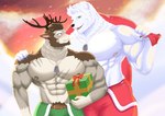 abs anthro antlers barazoku beard bottomwear brown_body brown_fur brown_hair chest_scar claws clothed clothing dog_tags duo eye_contact facial_hair finger_claws fur gift gloves_(marking) green_eyes hair holding_bag holding_object holding_present horn looking_at_another male male/male markings muscular muscular_anthro muscular_male nipples obliques open_mouth pants pawpads pube_peek pubes red_bottomwear red_clothing red_pants scar shoulder_scars smile snow tan_body tan_fur topless white_body white_fur sir_z045 december_twilight nicholas_briant owen_brayden bear deer mammal new_world_deer polar_bear reindeer ursine 2022 absurd_res hi_res