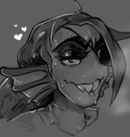 bite biting_lip biting_own_lip bodily_fluids eye_patch eyewear female heart_symbol looking_at_viewer self_bite simple_background smile smiling_at_viewer solo sweat teeth latchk3y undertale_(series) undyne fish marine 2023 greyscale monochrome
