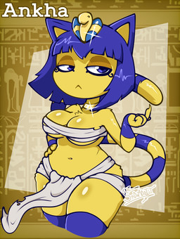 :< abstract_background anthro big_breasts biped blue_eyes blue_hair bob_cut bottomwear breasts chest_wraps claws cleavage clothed clothing collar eyeliner female fur gold_(metal) gold_collar hair hand_on_hip lidded_eyes loincloth makeup markings metal_collar navel pose raised_finger short_hair solo standing striped_markings striped_tail stripes tail tail_markings text thick_thighs under_boob uraeus wide_hips wraps yellow_body yellow_fur thesodaaddict animal_crossing nintendo ankha_(animal_crossing) domestic_cat felid feline felis mammal 2025 absurd_res character_name digital_drawing_(artwork) digital_media_(artwork) hi_res hieroglyphic_text portrait signature three-quarter_portrait