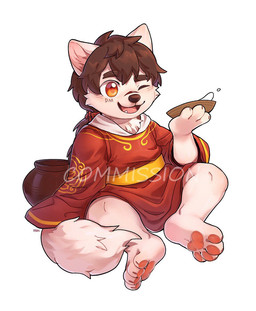 anthro bowl brown_hair cheek_tuft chibi clothed clothing container eyebrow_through_hair eyebrows facial_tuft fangs front_view fur glistening glistening_eyes hair holding_bowl holding_container holding_object male messy_hair one_eye_closed open_mouth open_smile orange_eyes red_clothing red_tongue short_hair simple_background sitting smile solo tail teeth tongue translucent translucent_hair tuft white_background white_body white_fur white_tail asnnonaka canid mammal signature watermark