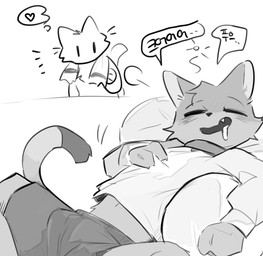 anthro biped bodily_fluids bottomwear bulge cat_tail clothed clothed_anthro clothed_male clothing dialogue dripping drooling duo eyes_closed fully_clothed fully_clothed_anthro fully_clothed_male head_tuft long_sleeve_shirt looking_at_another male male_anthro open_mouth open_smile saliva saliva_drip shorts simple_background sleep_talking slim slim_anthro slim_male smile speech_bubble text three-quarter_view towel towel_around_neck tuft white_background vitame83 domestic_cat felid feline felis mammal 2025 digital_drawing_(artwork) digital_media_(artwork) hi_res korean_text monochrome