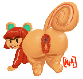 all_fours anal_hair anthro anus big_butt biped bottomless buckteeth butt clothed clothing eyebrows female female_anthro genitals hairy_vulva logo looking_at_viewer looking_back looking_back_at_viewer nipple_outline paws presenting presenting_hindquarters pubes rear_view simple_background solo squirrel_tail teeth tongue tongue_out unibrow vulva white_background non_applicable animal_crossing nintendo hazel_(animal_crossing) mammal rodent sciurid artist_logo digital_drawing_(artwork) digital_media_(artwork) hi_res