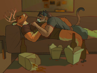anthro antlers beard bedroom_eyes beer_bottle belly black_clothing black_shirt black_topwear bloated bottle bottomwear brown_beard brown_body brown_facial_hair brown_fur brown_hair burping chinese_takeout_container clothing container duo facial_hair fur furniture hair hand_on_belly hand_on_chest horn inside lidded_eyes male male/male mirror muscular muscular_anthro muscular_male narrowed_eyes on_another's_belly on_sofa onomatopoeia open_mouth purring rumbling_stomach seductive shirt shorts sofa sound_effects takeout_box text topwear underwear biggernbadder ben_(biggernbadder) tom_(biggernbadder) bobcat cougar deer felid feline lynx mammal hi_res