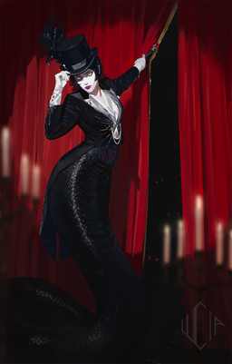 apode black_body black_hair black_scales clothing coat curtains female gloves glowing glowing_eyes hair handwear hat headgear headwear legless lips looking_at_viewer pale_skin red_lips scales serpentine solo split_form tailcoat top_hat topwear white_clothing white_gloves white_handwear yellow_eyes lucia_hsiang ambiguous_species draconcopode humanoid lamia reptile scalie snake hi_res