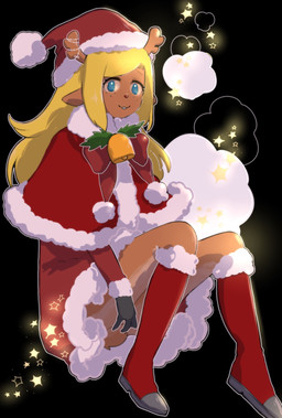 anthro antlers bell black_background blonde_hair blue_eyes boots bow_accessory christmas_clothing christmas_headwear clothing costume eyelashes female footwear freckled_face freckles hair hat headgear headwear holidays horn red_boots red_clothing red_footwear santa_costume santa_hat shoes simple_background solo underchikichan christmas deltarune undertale_(series) noelle_holiday deer mammal new_world_deer reindeer hi_res