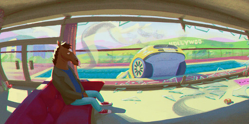 alcohol_bottle anthro beverage_bottle beverage_can black_mane blue_bottomwear blue_clothing blue_pants blue_topwear bottle bottomwear broken_glass broken_window brown_body car cigarette cigarette_in_mouth clothed clothing container day detailed_background fisheye_lens footwear fully_clothed furniture glass grey_clothing grey_jacket grey_topwear hollywood_sign inside jacket male mane object_in_mouth on_sofa pants plantigrade red_clothing red_footwear red_shoes red_sneakers red_sofa shoes sitting sitting_on_sofa smoke smoking smoking_cigarette sneakers snout sofa solo swimming_pool topwear vehicle yellow_car neboomboom bojack_horseman netflix bojack_horseman_(character) equid equine horse mammal 2020 chromatic_aberration digital_media_(artwork) digital_painting_(artwork) hi_res painting_(artwork) shaded
