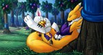 ambiguous_gender anthro armwear armwear_only big_tail clothing duo eyes_closed fur gloves handwear holy_ring mostly_nude multicolored_body multicolored_fur neck_tuft paw_gloves resting sleeping tail tuft whiskers white_body white_fur yellow_body yellow_fur verumtee bandai_namco digimon digimon_(species) felid feline gatomon mammal renamon 2013 hi_res