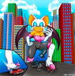 anthro big_breasts blue_eyes breasts car city city_background clothed clothing crushed_vehicle destroyed_vehicle destruction female looking_down macro solo vehicle the_knight sega sonic_the_hedgehog_(series) rouge_the_bat bat mammal hi_res