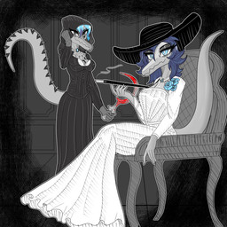 alternate_costume anthro black_body black_bottomwear black_clothing black_corset black_hat black_headwear black_hood black_skirt blood blue_eyes blue_flower blue_hair bodily_fluids bottomwear breasts clothing corset cosplay cross dress duo female flower grey_body grey_eyes hair hat headgear headwear holding_melee_weapon holding_object holding_polearm holding_scythe holding_weapon lingerie long_hair long_tail looking_at_viewer markings medium_breasts melee_weapon non-mammal_breasts plant polearm scythe short_hair sitting skirt smile spiked_tail spikes spikes_(anatomy) striped_markings stripes tail topwear weapon white_clothing white_dress wide_brim_hat wide_brimmed_hat gothgator0 capcom cavemanon_studios goodbye_volcano_high ko_op_(game_developer) resident_evil snoot_game alcina_dimitrescu bela_dimitrescu dimitrescu_sisters nick_(gvh) nova_(snoot_game) baryonyx dinosaur prehistoric_species reptile saurischian scalie spinosaurid theropod 1:1 absurd_res hi_res restricted_palette daughter_(lore) mother_(lore) mother_and_child_(lore) mother_and_daughter_(lore) parent_(lore) parent_and_child_(lore) parent_and_daughter_(lore)