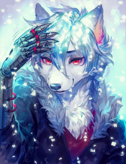 5_fingers clothing female fingers fur hair mechanical_arm neck_tuft open_mouth open_smile red_clothing red_eyes red_shirt red_topwear shirt smile snout snow snowing solo topwear tuft white_body white_fur white_hair winter jotaku 2015 digital_media_(artwork) digital_painting_(artwork) painting_(artwork)