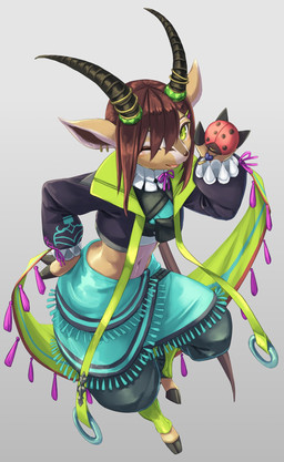 accessory anthro bottomwear brown_body brown_fur castanets clothing cropped_jacket dancewear ear_piercing ear_ring fangs femboy fur green_clothing green_eyes grey_background hair hair_accessory hairclip hand_on_hip hoof_hands hooves horn horn_jewelry jewelry looking_at_viewer male midriff multicolored_body multicolored_fur navel one_eye_closed oversized_bottomwear oversized_clothing oversized_pants pants piercing ponytail raised_hand red_hair ring_piercing simple_background smile smiling_at_viewer solo teal_clothing teeth two_tone_body two_tone_fur wink winking_at_viewer kuroisumi caravan_stories pitsch_arbouris antelope bovid gazelle gessy mammal 2020 hi_res