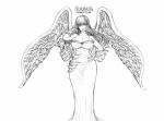 big_breasts breasts cleavage clothed clothing curvy_figure feathered_wings feathers female front_view hair hourglass_figure huge_breasts looking_at_viewer simple_background smile solo standing text wide_hips wings thegoldensmurf nanatsu_no_taizai nerobasta angel angel_humanoid humanoid winged_humanoid english_text full-length_portrait hi_res monochrome portrait