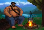 anthro beard belly bottomwear brown_body brown_fur clothing cowboy_hat facial_hair fire fur hat headgear headwear male mature_male moobs moon mountain musclegut muscular nipples obese obese_male outside overweight overweight_male pants plant sitting solo tree water shibadoodles scruffy_(scruffybeast) bear mammal 2021 absurd_res hi_res